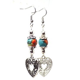 Jade pearl earrings for women tinted in brown, orange and blue and filigree pendant in the shape of a heart