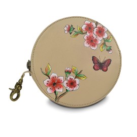 Anuschka Women's Hand Painted Genuine Vegetable Tanned Leather Round Coin Purse - Flower Garden Almond