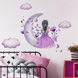 Butterfly Girl Wall Sticker, Moon Clouds Flowers Fairy Wall Sticker, Pink Flowers Wall Picture, Colourful Butterflies, Wall Decoration, Baby Nursery, Bedroom, Playroom