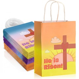 Kosiz 24 Pcs He Is Risen Gift Bags Easter Paper Gift Bags with Handles Christian Religious Party Favor for Easter Baptism Holy Week Party Supplies Decoration