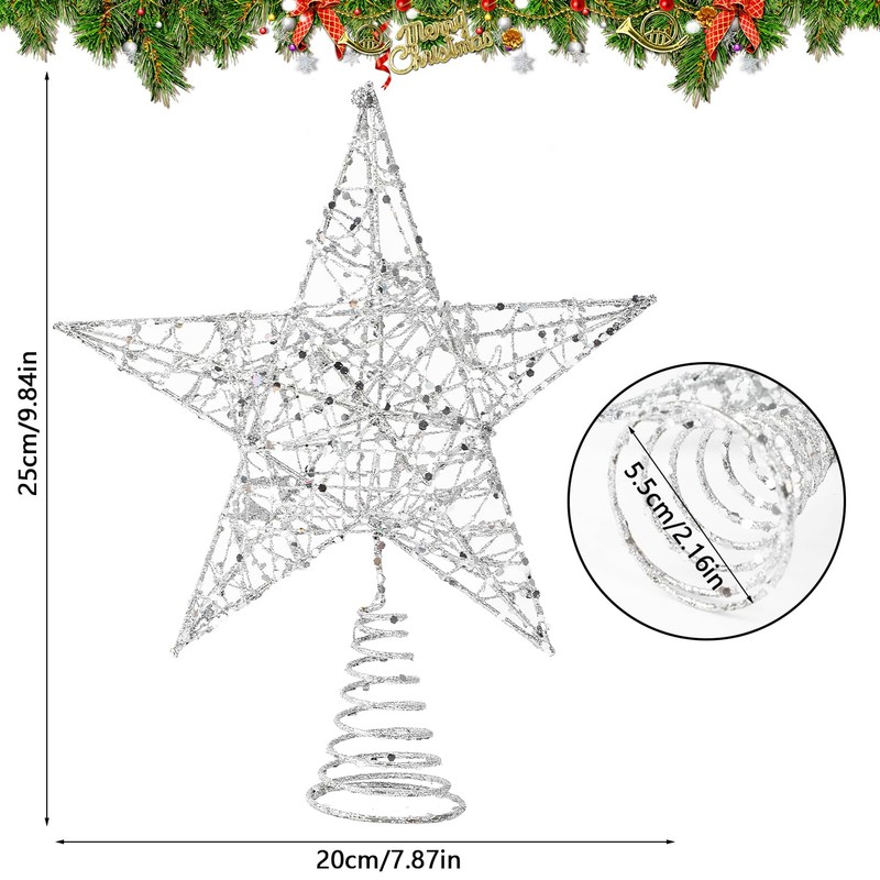 VEYLIN Christmas Tree Topper, Silver Glittered Hollow Christmas Tree Topper