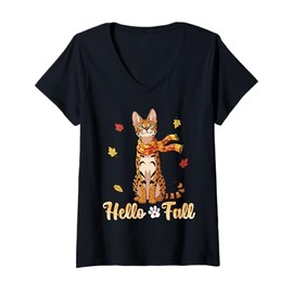 Womens Savannah Cat Wearing Scarf with Autumn Leaves Hello Fall V-Neck T-Shirt