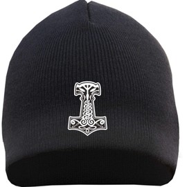 HB_Druck Thorshammer Mjolnir Beanie Hat – Embroidered – Knitted Winter Hat, black