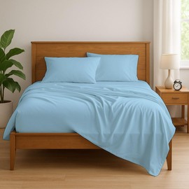 KRISHNA Premium 4 Piece Egyptian Cotton Rv Short Queen Sheet Set, Soft, Breathable & Comfy Fully Elasticized Fitted 15" Deep Pocket Bed Sheets, 60" x 75", Light Blue