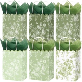 JarThenaAMCS 60Pcs Sage Green Wildflower Paper Bag with Tissue Paper Floral Treat Bags with Handles Candy Goodie Bags for Baby Shower Birthday Wedding Party Favors Supplies