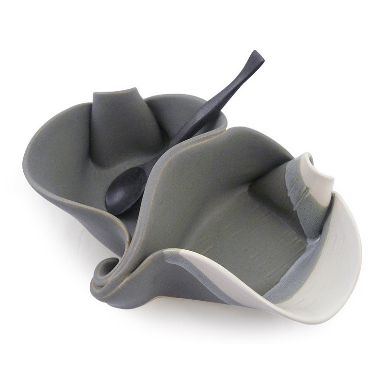 Contemporary Twist Double Server Dish with Rosewood Spoon, Handmade Stoneware