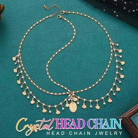 Aukmla Boho Head Chain Shell Headpiece Layered Rhinestone Forehead Headband for Women (Gold, One Size)