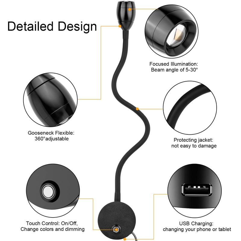 Wall Mounted LED Reading Light with 15" Flexible Gooseneck, Focused