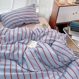 Tabeskly Boy Girls Kids Striped Reversible Bedding Single Duvet Cover Sets Bed Zipper Red Blue 135×200cm