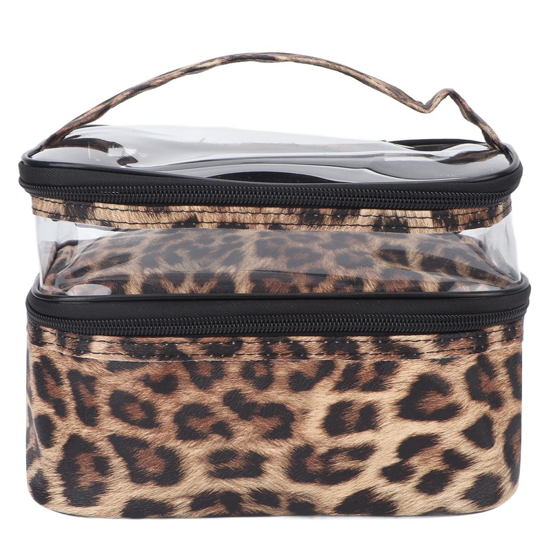 Double Layer Cosmetic Bag PVC Leopard Print Design Portable Large