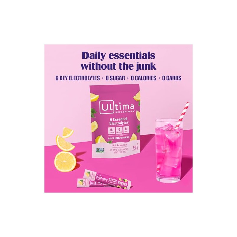 Ultima Replenisher- Mezcla diaria de bebida con electrolitos limonada rosa,