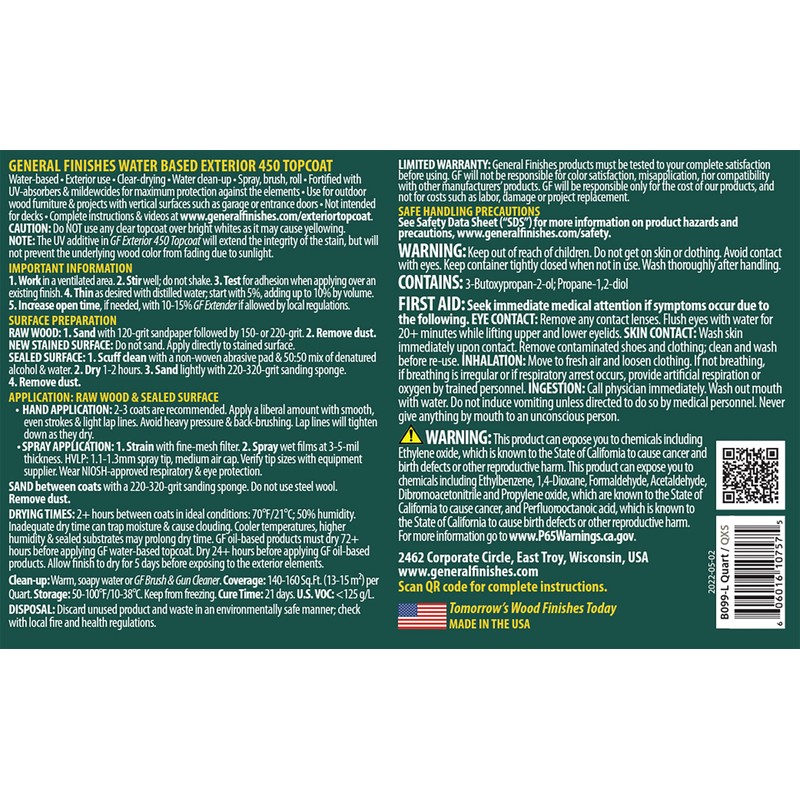 General Finishes Exterior 450 Water Based Topcoat, 1 Gallon, Satin