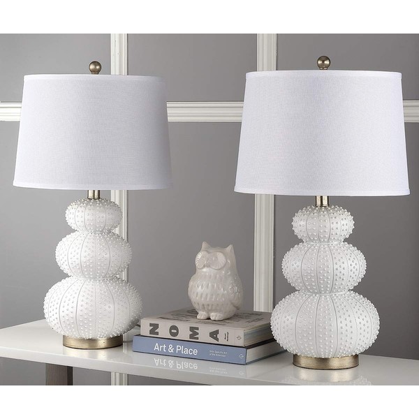 Safavieh Lighting Collection Rita White Triple Gourd Studded 29-inch Bedroom Living Room Home Office Desk Nightstand Table Lamp (Set of 2) - LED Bulbs Included