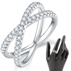 MINDDHA X Criss Cross Ring for Women - Designer Unique Fashion Silver Band, Cubic Zirconia Sparkly, Elegant 14K White Gold Plated - 2mm Band, Size 12