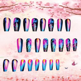 Press on Nails Long Length Ballet Shaped Black Stripes Design Glossy Acrylic Fake Nail Shines Artificial Fingernails Full Cover Long Ballet Stick on Nail DIY Reusable Glue on Nails for Women 24Pcs