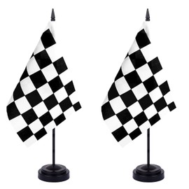 WXTWK 2 Pack Checkered Black and White Racing Flag Race Car Deluxe Desk Flag Set - Mini Small Racing Table Office Flags with Black 12" Solid Pole Stand Base Decorations