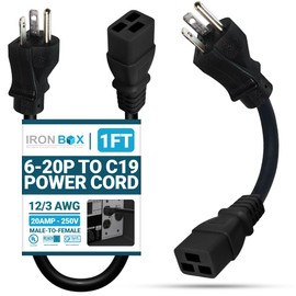 IronBox Electric 6-20P to C19 Power Cords Rated 20A, 250V, 12/3 AWG - UL Listed Extension Cable Adapter - Power Supply Cables- Heavy Duty Plug and Cord for Computer, Data Centers & More (1ft, Molded)