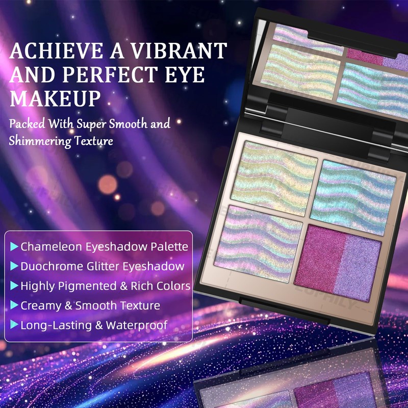 Chameleon Holographic Glitter Eyeshadow Palette, Duochrome Shimmer Color Shift Eye