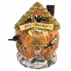 Blue Sky Clayworks Naked Crows Nightly Candle House, Ceramic, 5.75" D x 5.75" W x 7.5" H, Spicy Pumpkin Tavern Glow