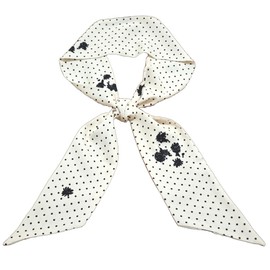 GIMIRO Elegant Ladies Silk Scarf 140 x 9 cm Polka Dot Pattern with Flowers White/Black Bow Design, White Black Mini Dots Daisy