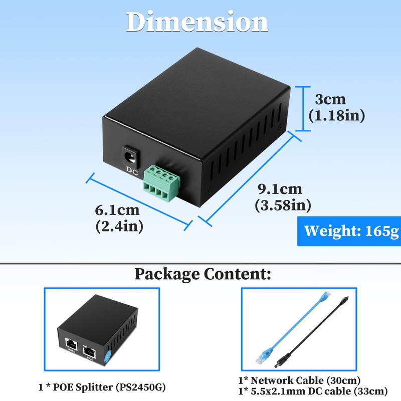 Industrial Gigabit PoE Splitter, Output DC 24V, Comply IEEE802.3af/at/bt 50W,