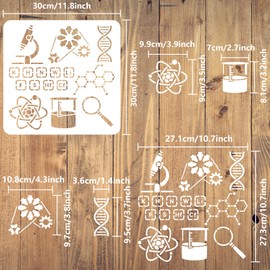 FINGERINSPIRE Scientific Experiment Stencil for Painting 11.8x11.8inch Reusable Microscope Beaker Magnifying Glass Gears Painting Stencil DNA Molecules Periodic Table Template for Wall Decoration