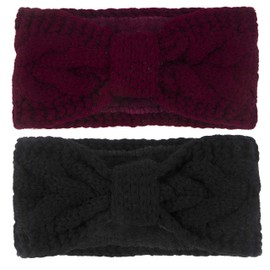 Muryobao - Diadema para mujer, cálida, con forro polar, gruesa, calentador de orejas, elástico de ganchillo, 2 unidades, (Negro y Rojo Vino), Talla única