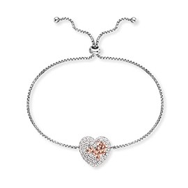 Engelsrufer Women's Bracelet Made of Sterling Silver and Heart Pendant Bicolour – Set with 38 Zirconia Stones – Adjustable Sliding Clasp – Nickel-Free – Length: 24 cm, Sterling Silver, No Gemstone