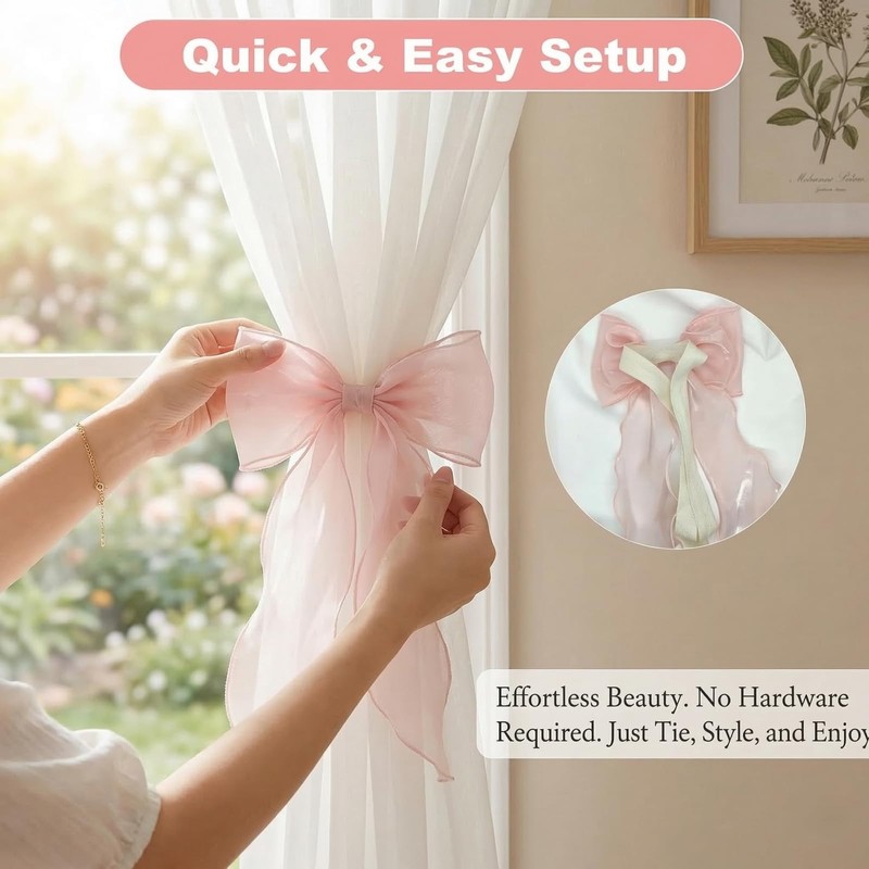 PASDUCHAS 4 Pack French Silky Bow Curtain Tiebacks, Pink Ribbon