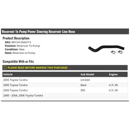 Marketplace Auto Parts - Power Steering Reservoir Line Hose - Reservoir To Pump - Compatible with 2000-2006 Toyota Tundra 4.7L V8