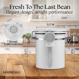 Mixpresso 16 Oz White Coffee Canister, Stainless Steel Airtight Coffee Container, Air tight Jar Tea Storage with Date Tracker, Vacuum Sealed Espresso Airtight Canister, Sugar Container for Home