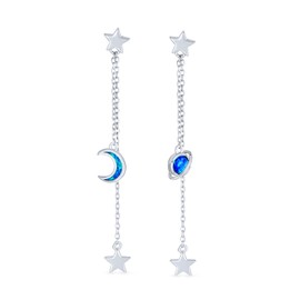 Astrology - arete colgantes de cadena larga con incrustaciones de ópalo azul iridiscente con diseño de estrellas de luna y luna celestial y estrellas lineales para mujeres y adolescentes de plata de ley 925 auténtica, Una talla, Metal Gema, Ópalo