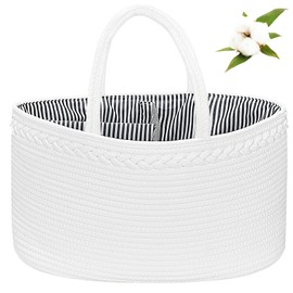 ABenkle X-Large Baby Diaper Caddy, Nursery Storage Bin and Car Organizer for Diapers Wipes, Cotton Rope Basket Changing Table Caddy, White