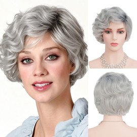 Grey Short Curly Womens Wig Ombre Gray Wavy Wig Synthetic Fiber Hair Wig Daily Halloween Party Wig