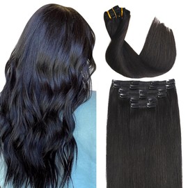 Sindra Clip-in-Haarverlängerung, Echthaar, Schwarz, Naturfarbe, 1B, 45 cm, 6 Stück, 120 g, Remy-Echthaar, Extensions, Echthaar, Extensions, C45#1B
