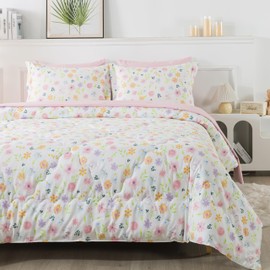 Wajade Floral Comforter Set Bed in A Bag Queen Size 7 Piece Botanical Flower Green Leaves Rabbits Bedding Set for Girls (1 Comforter, 1 Flat Sheet, 1 Fitted Sheet, 2 Pillowcase and 2 Pillow Sham)