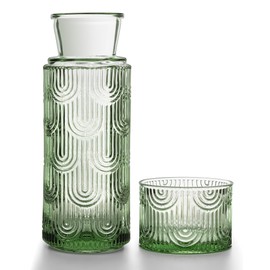 DmmyAlzx Bedside Water Carafe and Glass Set, Mouthwash Dispenser for Bathroom, 21.6 Oz Glass Water Bottles with 6 Oz Drinking Glass Cup as Lid, Water Pitcher for Nightstand, Kitchen (Green)