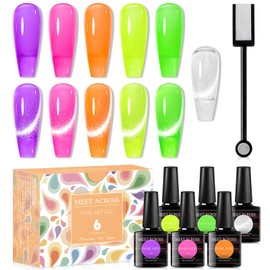 MEET ACROSS Bright Cat Eye Gel Nail Polish and 5 Colors Fluorescent Jelly Gel Polish Soak Off UV LED Light Nail Kit Gift Box with Free Magnet Stick