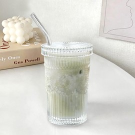 YAHUIPEIUS Glass Tumbler Stripe Glass Cup Coffee Cup With Lid and Straw Drinking Glasses for Water,Iced Coffee,Milk,Tea,Juice,LID NOT SECURED (A-Stripe)