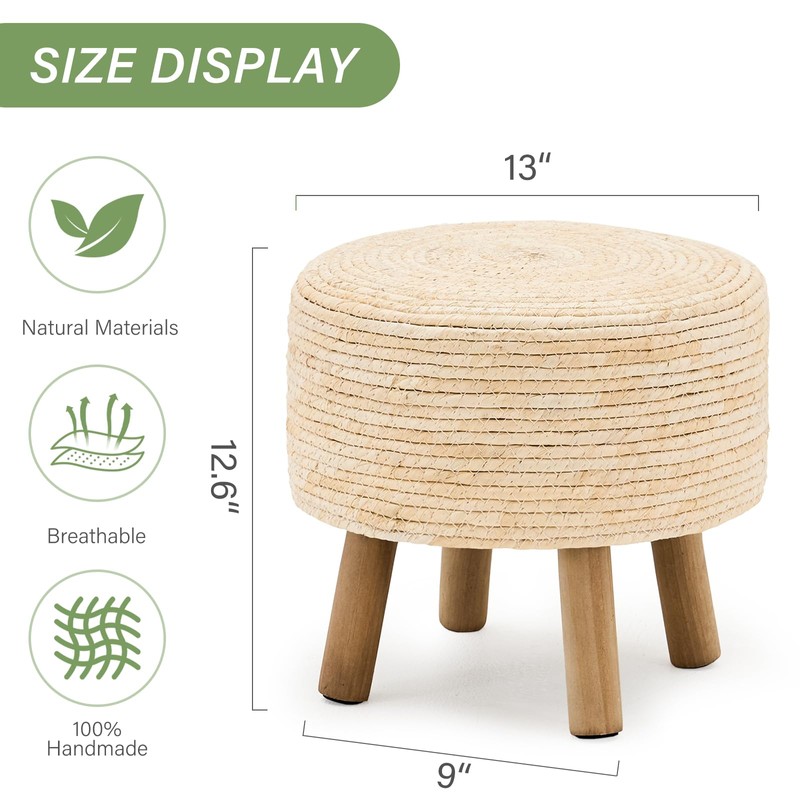 Wimarsbon Pouf Ottoman, Round Footstool with 4 Wood Leg, Handmade