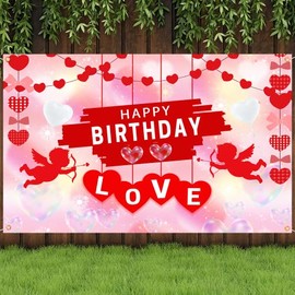 4x6Ft Love Heart Valentine's Day Happy Birthday Backdrop Banner,Love Heart Theme Birthday Party Photography Background,Spring Holiday Valentine's Day Birthday Party Decor