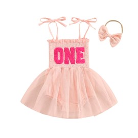 One Year Old Girl Birthday Outfit Tie Shoulder Smocked Romper + Bow Headband Fairy 1st First Birthday Outfit (Pink, 12-18 Months)