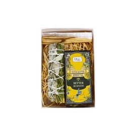 SOUL STICKS Manifesting Intention's Kit Gift Set with Sage, Spell Herbal Oil, Palo Santo Stick and 4 Selenite Wand in White Gift Box (Better Business)