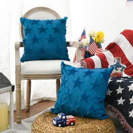AVOIN colorlife 4th of July Stars Blue Patriotic Throw Pillow Covers, 18 x 18 Inch Independence Memorial Day Soft Plush Faux Fur Jacquard Cushion Case Decoration for Sofa Couch Set of 2