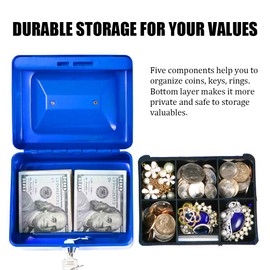 Cash Box with Money Tray, Parrency Small Money Box with Key Lock, 6" x 4 4/5" x 3",Blue