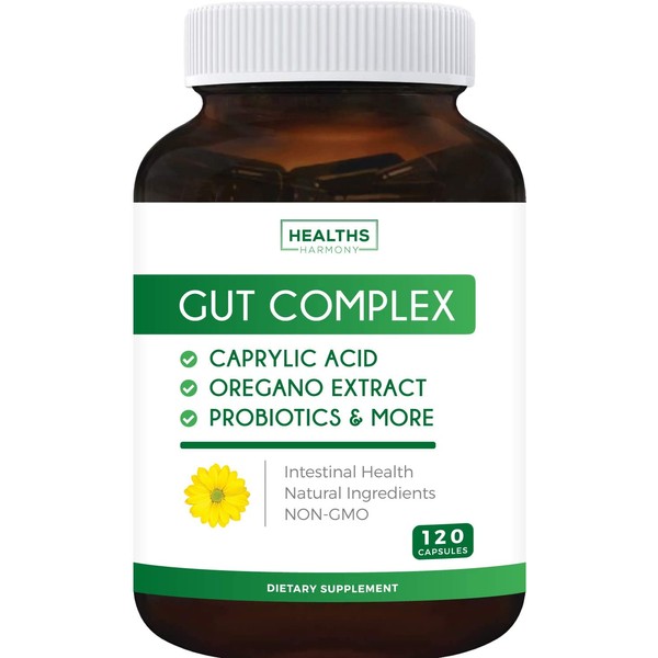 Gut Complex - Caprylic Acid, Oregano Oil & Probiotics (Non-GMO) Supplement - 120 Capsules (No Pills)
