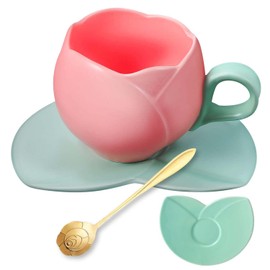 Taza de Café,Taza De Tulipan con Cuchara y portavasos,Juego de Tazas,Hermosa Taza En Forma De Tulipan,con plato y cuchara de cerámica.,para Regalos Mamá, Mujer, Cumpleaños y San Valentín(Rosa)