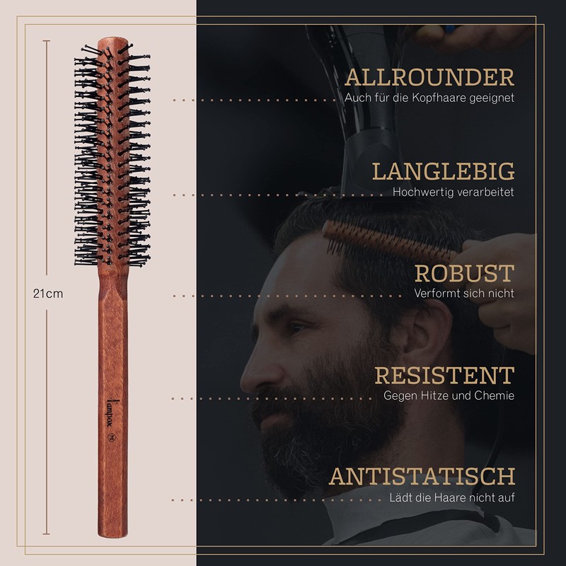 lampox Men's Round Brush, Beard Brush, Beard Comb, Hair Brush