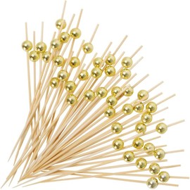 NINU 200PCS Cocktail Picks, Fancy Toothpicks for Appetizers, Decorative Skewers for Appetizers Drinks Party Fruit, 4.7 Inch Long Wooden Bamboo Gold Ball Food Sticks Charcuterie Boards Accessories