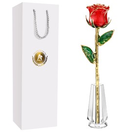 AliveRose Valentines Day Gifts for her, 24K Gold Rose Made from Real Rose - Unique Design 24K Dipped Roses for Anniversary Valentines Mothers Day Birthday Gifts (Red Original with Crystal Vase)